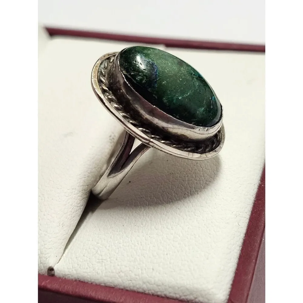 VINTAGE MEXICO STERLING SILVER AND CHRYSOCOLLA STONE RING SIZE 7.75